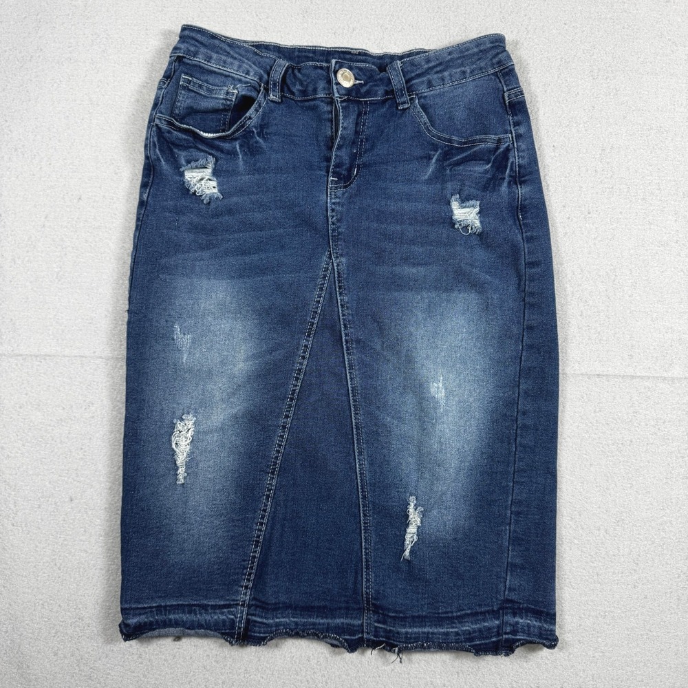 Be-Girl Denim Midi Skirt M Distressed Frayed Hem Indie Y2K 90s Vintage Inspired